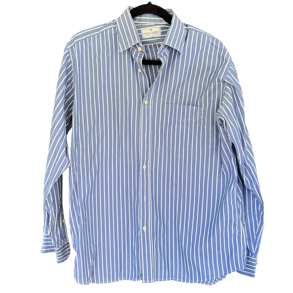 Kent & Curwen Surrey England Blue White Striped Button Down Shirt Mens 15.5 39cm